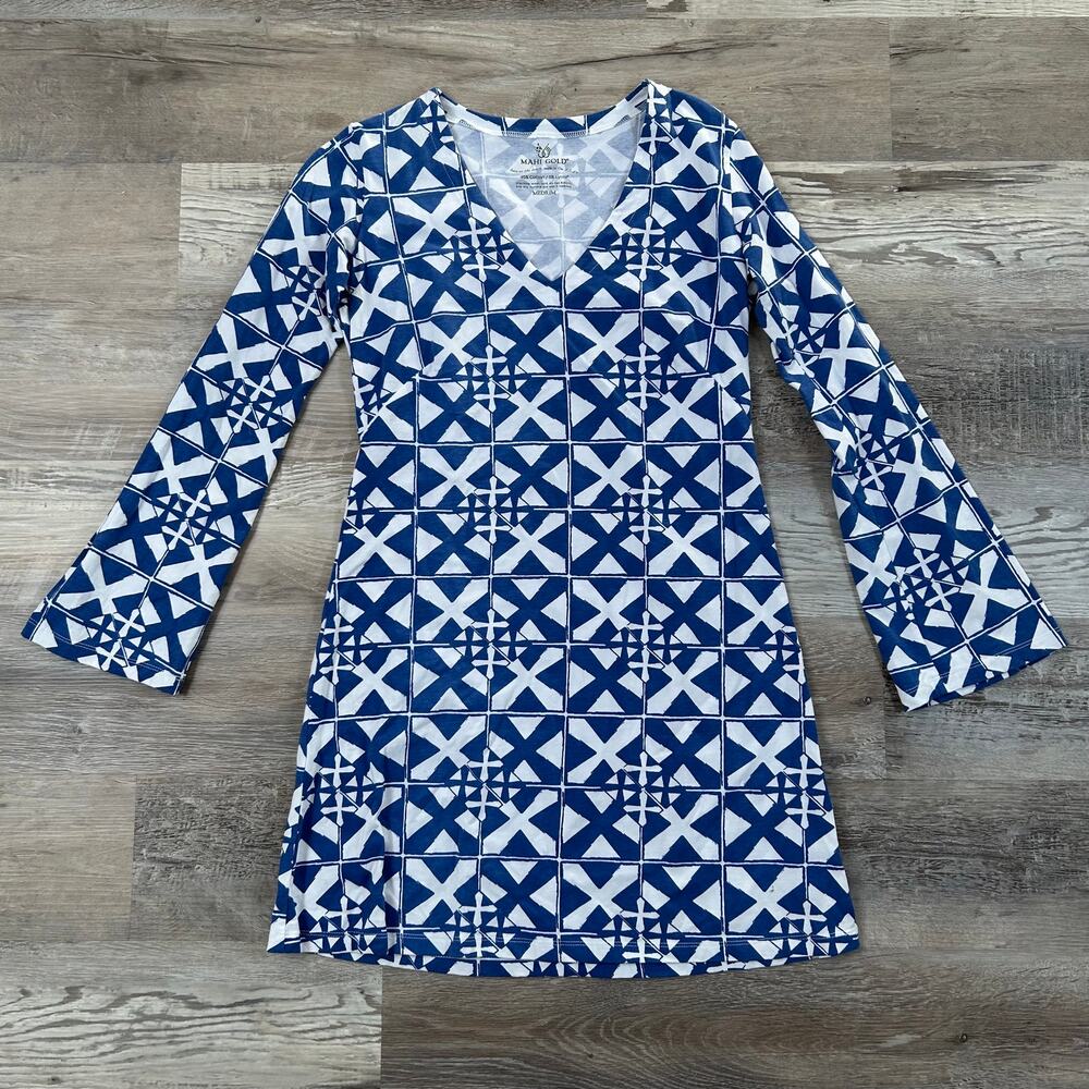 MAHI GOLD Blue and White Long Sleeve Geometric Dress